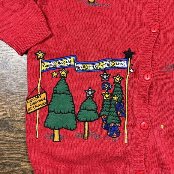 Quacker Factory Sweater Womens Large Red Christmas Tree Santa Cardigan Ugly - Picture 5 of 11
